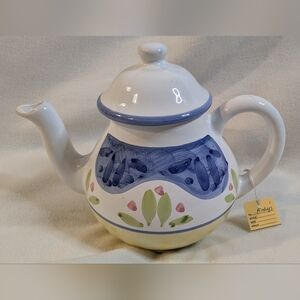 Beautiful Hand Painted in Italy Teapot by Caleca Pottery Blue White Yellow
